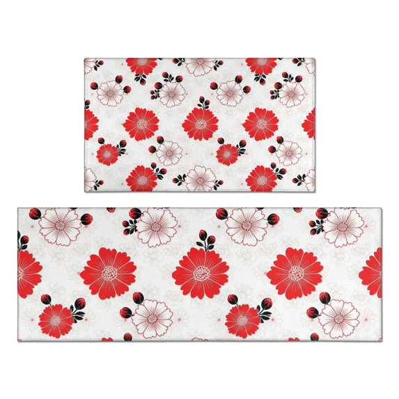 Pioneer Flower Floral Print Pattern Kitchen Rugs Sets Of 2, Anti Fatigue Non Slip Washable Floor Mats for Kitchen Sink Laundry, 17X30 Inch + 17X47 Inch