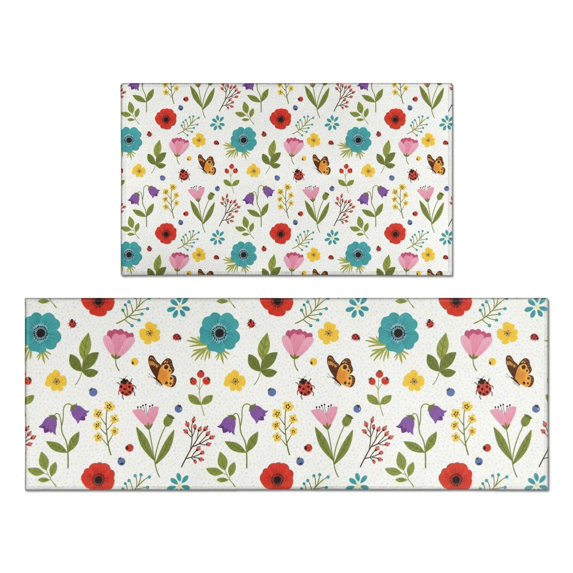 Pioneer Flower Floral Print Pattern Kitchen Rugs Sets Of 2, Anti Fatigue Non Slip Washable Floor Mats for Kitchen Sink Laundry, 17X30 Inch + 17X47 Inch