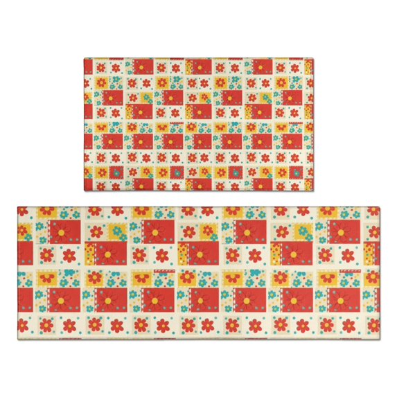 Pioneer Flower Floral Print Pattern Kitchen Rugs Sets Of 2, Anti Fatigue Non Slip Washable Floor Mats for Kitchen Sink Laundry, 17X30 Inch + 17X47 Inch