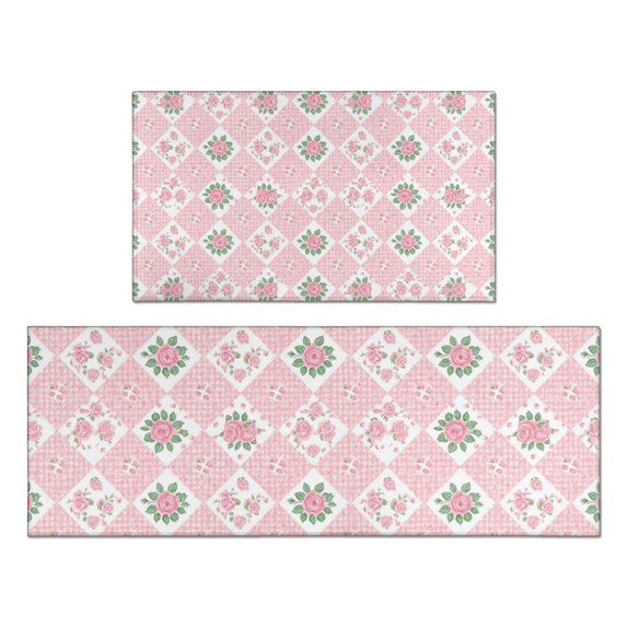 Pioneer Flower Floral Print Pattern Kitchen Rugs Sets Of 2, Anti Fatigue Non Slip Washable Floor Mats for Kitchen Sink Laundry, 17X30 Inch + 17X47 Inch