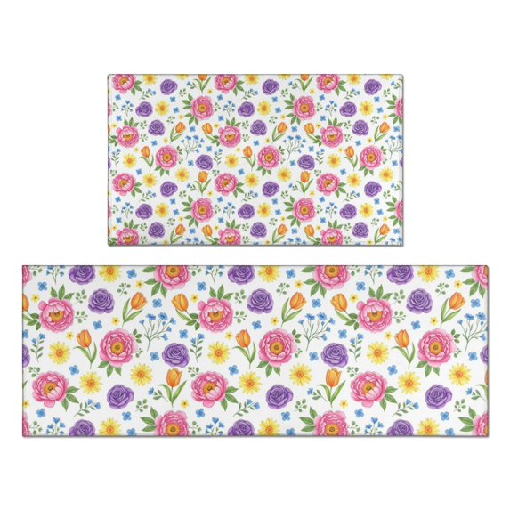 Pioneer Flower Floral Print Pattern Kitchen Rugs Sets Of 2, Anti Fatigue Non Slip Washable Floor Mats for Kitchen Sink Laundry, 17X30 Inch + 17X47 Inch