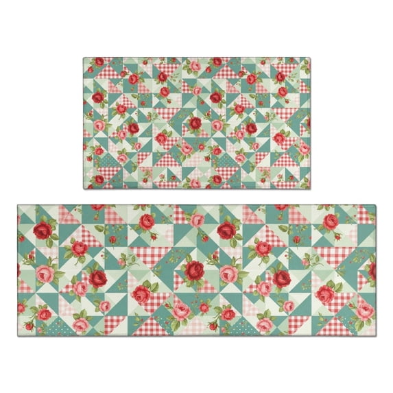 Pioneer Flower Floral Print Pattern Kitchen Rugs Sets Of 2, Anti Fatigue Non Slip Washable Floor Mats for Kitchen Sink Laundry, 17X30 Inch + 17X47 Inch