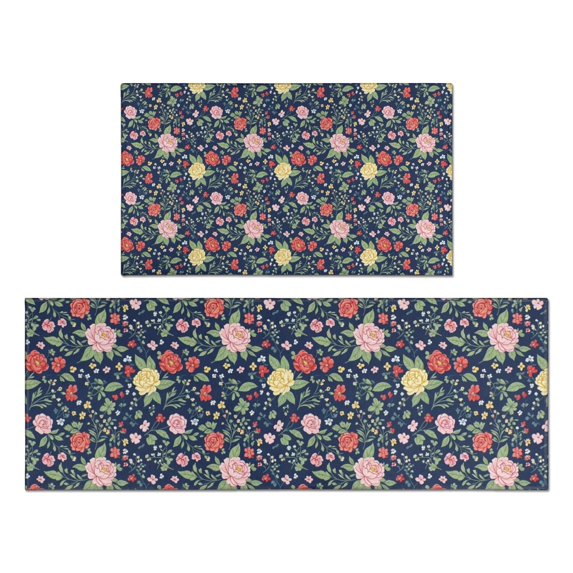 Pioneer Flower Floral Print Pattern Kitchen Rugs Sets Of 2, Anti Fatigue Non Slip Washable Floor Mats for Kitchen Sink Laundry, 17X30 Inch + 17X47 Inch