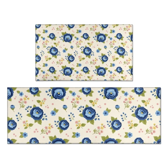 Pioneer Flower Floral Print Pattern Kitchen Rugs Sets Of 2, Anti Fatigue Non Slip Washable Floor Mats for Kitchen Sink Laundry, 17X30 Inch + 17X47 Inch