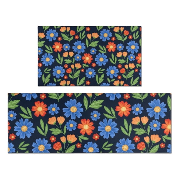 Pioneer Flower Floral Print Pattern Kitchen Rugs Sets Of 2, Anti Fatigue Non Slip Washable Floor Mats for Kitchen Sink Laundry, 17X30 Inch + 17X47 Inch