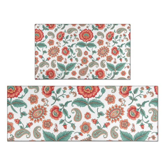Pioneer Flower Floral Print Pattern Kitchen Rugs Sets Of 2, Anti Fatigue Non Slip Washable Floor Mats for Kitchen Sink Laundry, 17X30 Inch + 17X47 Inch