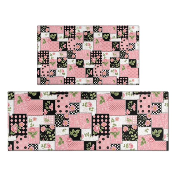 Pioneer Flower Floral Print Pattern Kitchen Rugs Sets Of 2, Anti Fatigue Non Slip Washable Floor Mats for Kitchen Sink Laundry, 17X30 Inch + 17X47 Inch