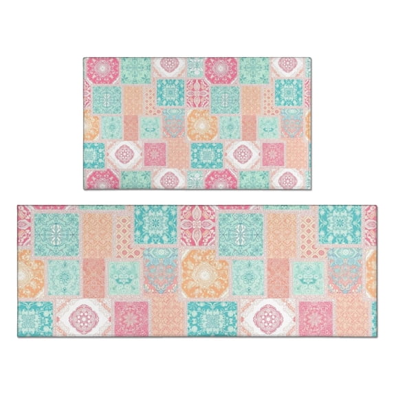 Pioneer Flower Floral Print Pattern Kitchen Rugs Sets Of 2, Anti Fatigue Non Slip Washable Floor Mats for Kitchen Sink Laundry, 17X30 Inch + 17X47 Inch