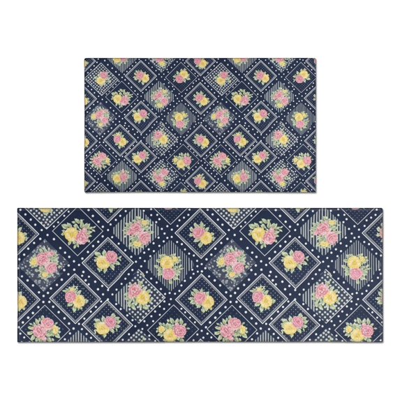 Pioneer Flower Floral Print Pattern Kitchen Rugs Sets Of 2, Anti Fatigue Non Slip Washable Floor Mats for Kitchen Sink Laundry, 17X30 Inch + 17X47 Inch