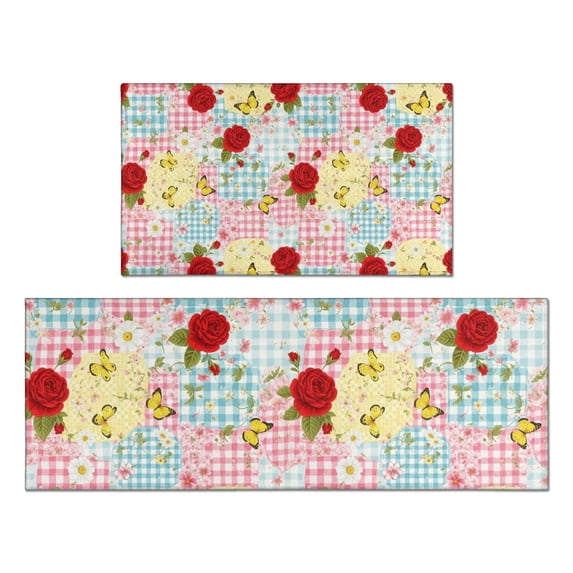 Pioneer Flower Floral Print Pattern Kitchen Rugs Sets Of 2, Anti Fatigue Non Slip Washable Floor Mats for Kitchen Sink Laundry, 17X30 Inch + 17X47 Inch