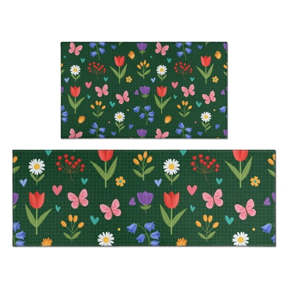 Pioneer Flower Floral Print Pattern Kitchen Rugs Sets Of 2, Anti Fatigue Non Slip Washable Floor Mats for Kitchen Sink Laundry, 17X30 Inch + 17X47 Inch