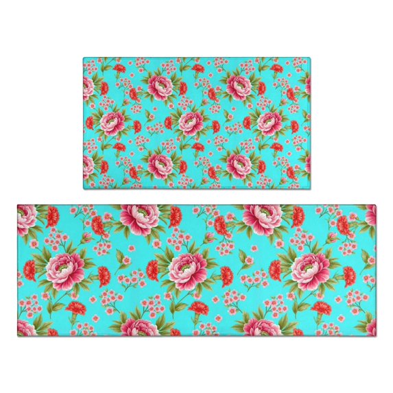 Pioneer Flower Floral Print Pattern Kitchen Rugs Sets Of 2, Anti Fatigue Non Slip Washable Floor Mats for Kitchen Sink Laundry, 17X30 Inch + 17X47 Inch