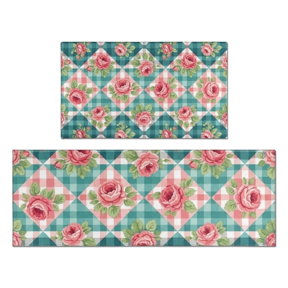 Pioneer Flower Floral Print Pattern Kitchen Rugs Sets Of 2, Anti Fatigue Non Slip Washable Floor Mats for Kitchen Sink Laundry, 17X30 Inch + 17X47 Inch