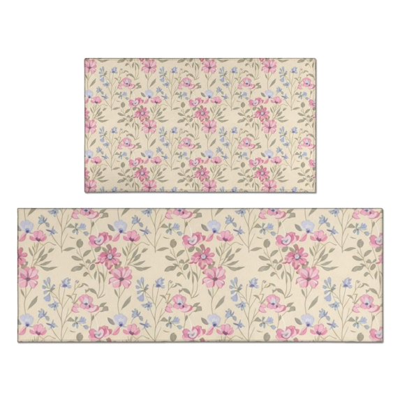 Pioneer Flower Floral Print Pattern Kitchen Rugs Sets Of 2, Anti Fatigue Non Slip Washable Floor Mats for Kitchen Sink Laundry, 17X30 Inch + 17X47 Inch