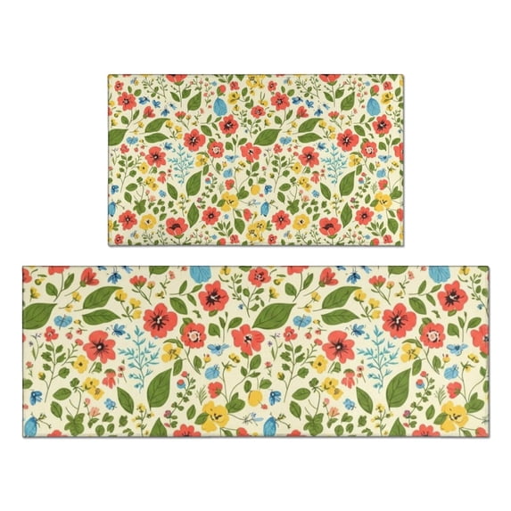 Pioneer Flower Floral Print Pattern Kitchen Rugs Sets Of 2, Anti Fatigue Non Slip Washable Floor Mats for Kitchen Sink Laundry, 17X30 Inch + 17X47 Inch