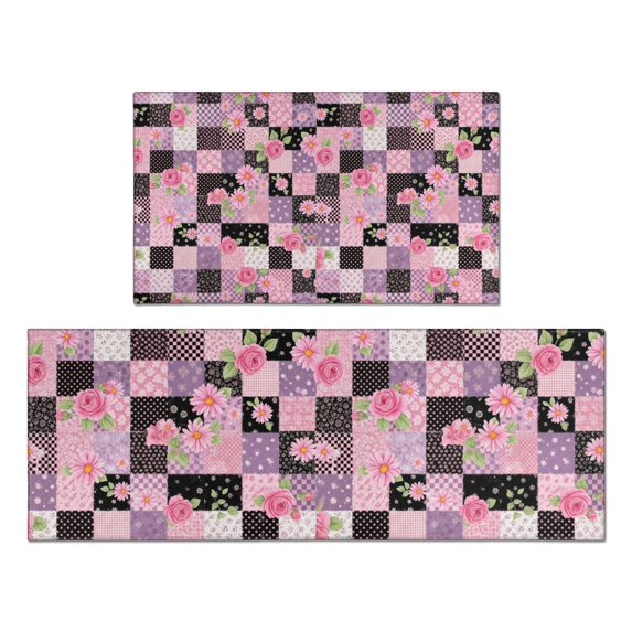 Pioneer Flower Floral Print Pattern Kitchen Rugs Sets Of 2, Anti Fatigue Non Slip Washable Floor Mats for Kitchen Sink Laundry, 17X30 Inch + 17X47 Inch