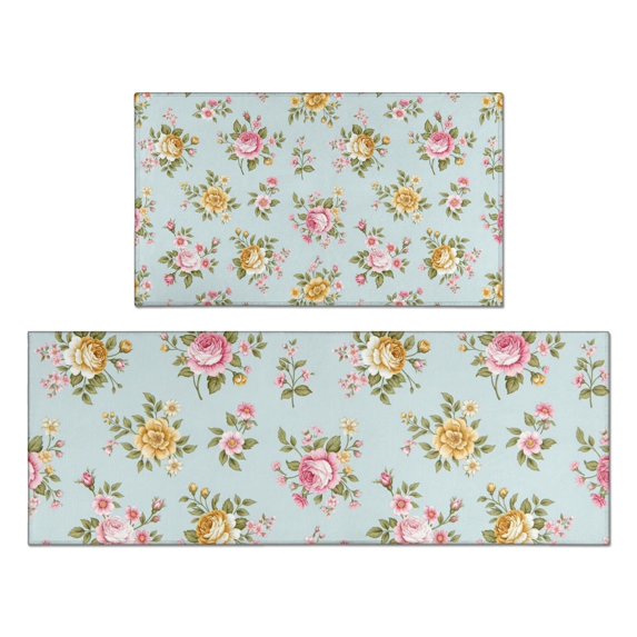 Pioneer Flower Floral Print Pattern Kitchen Rugs Sets Of 2, Anti Fatigue Non Slip Washable Floor Mats for Kitchen Sink Laundry, 17X30 Inch + 17X47 Inch