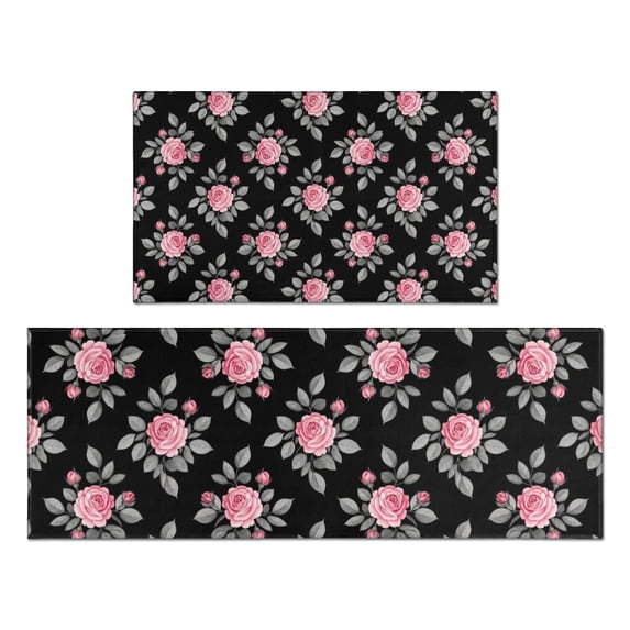 Pioneer Flower Floral Print Pattern Kitchen Rugs Sets Of 2, Anti Fatigue Non Slip Washable Floor Mats for Kitchen Sink Laundry, 17X30 Inch + 17X47 Inch