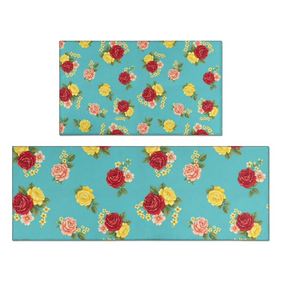 Pioneer Flower Floral Print Pattern Kitchen Rugs Sets Of 2, Anti Fatigue Non Slip Washable Floor Mats for Kitchen Sink Laundry, 17X30 Inch + 17X47 Inch