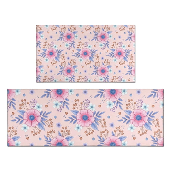 Pioneer Flower Floral Print Pattern Kitchen Rugs Sets Of 2, Anti Fatigue Non Slip Washable Floor Mats for Kitchen Sink Laundry, 17X30 Inch + 17X47 Inch