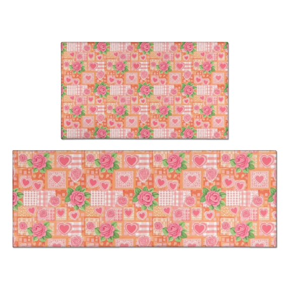 Pioneer Flower Floral Print Pattern Kitchen Rugs Sets Of 2, Anti Fatigue Non Slip Washable Floor Mats for Kitchen Sink Laundry, 17X30 Inch + 17X47 Inch