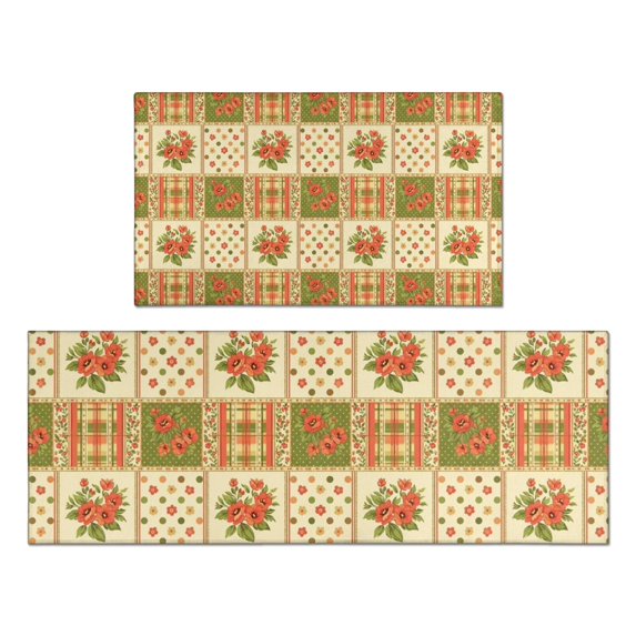 Pioneer Flower Floral Print Pattern Kitchen Rugs Sets Of 2, Anti Fatigue Non Slip Washable Floor Mats for Kitchen Sink Laundry, 17X30 Inch + 17X47 Inch