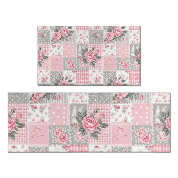 Pioneer Flower Floral Print Pattern Kitchen Rugs Sets Of 2, Anti Fatigue Non Slip Washable Floor Mats for Kitchen Sink Laundry, 17X30 Inch + 17X47 Inch