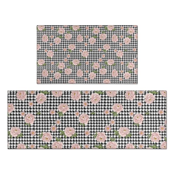Pioneer Flower Floral Print Pattern Kitchen Rugs Sets Of 2, Anti Fatigue Non Slip Washable Floor Mats for Kitchen Sink Laundry, 17X30 Inch + 17X47 Inch