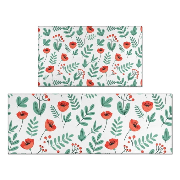 Pioneer Flower Floral Print Pattern Kitchen Rugs Sets Of 2, Anti Fatigue Non Slip Washable Floor Mats for Kitchen Sink Laundry, 17X30 Inch + 17X47 Inch