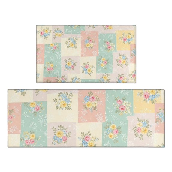 Pioneer Flower Floral Print Pattern Kitchen Rugs Sets Of 2, Anti Fatigue Non Slip Washable Floor Mats for Kitchen Sink Laundry, 17X30 Inch + 17X47 Inch