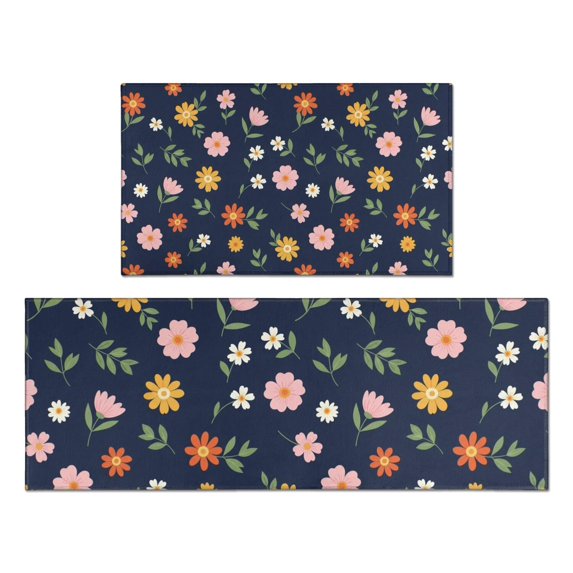 Pioneer Flower Floral Print Pattern Kitchen Rugs Sets Of 2, Anti Fatigue Non Slip Washable Floor Mats for Kitchen Sink Laundry, 17X30 Inch + 17X47 Inch