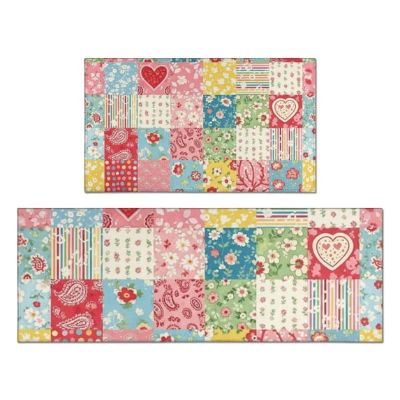 Pioneer Flower Floral Print Pattern Kitchen Rugs Sets Of 2, Anti Fatigue Non Slip Washable Floor Mats for Kitchen Sink Laundry, 17X30 Inch + 17X47 Inch