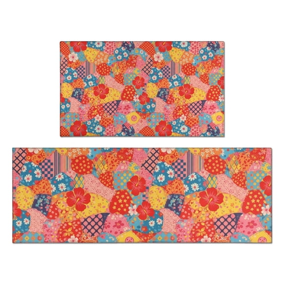 Pioneer Flower Floral Print Pattern Kitchen Rugs Sets Of 2, Anti Fatigue Non Slip Washable Floor Mats for Kitchen Sink Laundry, 17X30 Inch + 17X47 Inch