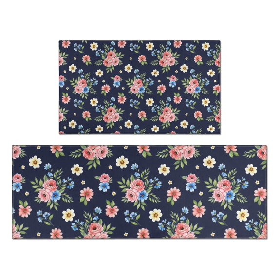 Pioneer Flower Floral Print Pattern Kitchen Rugs Sets Of 2, Anti Fatigue Non Slip Washable Floor Mats for Kitchen Sink Laundry, 17X30 Inch + 17X47 Inch
