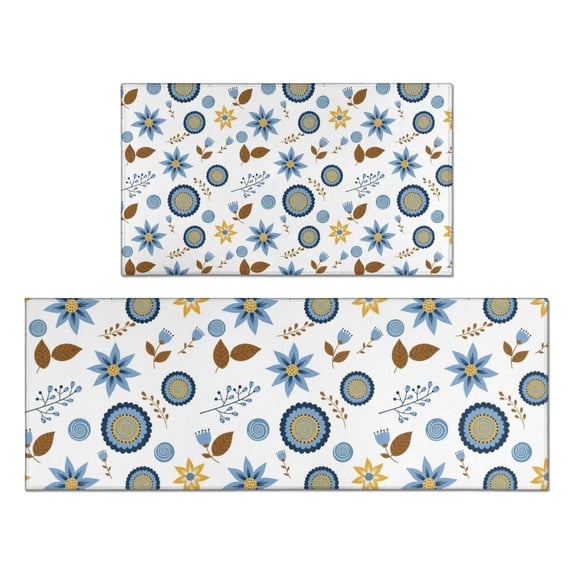 Pioneer Flower Floral Print Pattern Kitchen Rugs Sets Of 2, Anti Fatigue Non Slip Washable Floor Mats for Kitchen Sink Laundry, 17X30 Inch + 17X47 Inch