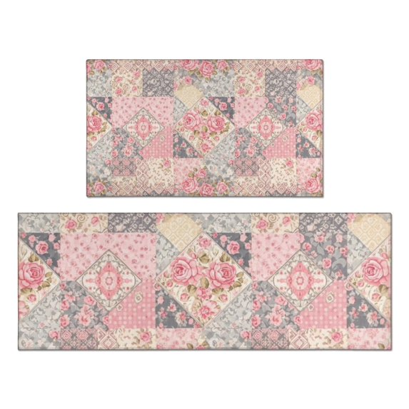 Pioneer Flower Floral Print Pattern Kitchen Rugs Sets Of 2, Anti Fatigue Non Slip Washable Floor Mats for Kitchen Sink Laundry, 17X30 Inch + 17X47 Inch