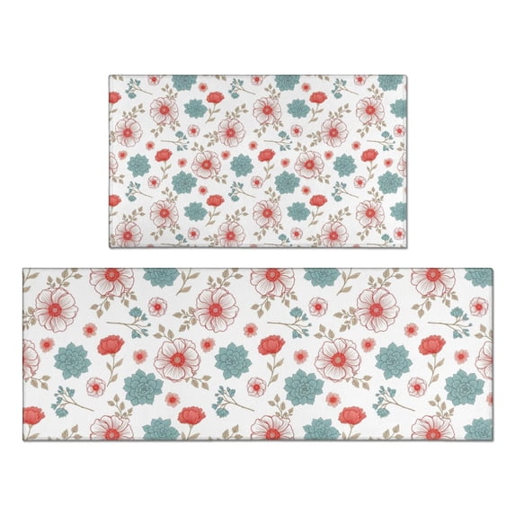 Pioneer Flower Floral Print Pattern Kitchen Rugs Sets Of 2, Anti Fatigue Non Slip Washable Floor Mats for Kitchen Sink Laundry, 17X30 Inch + 17X47 Inch