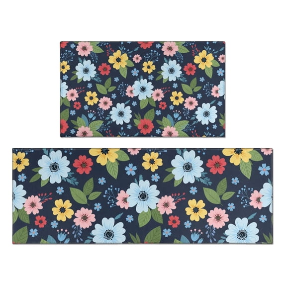 Pioneer Flower Floral Print Pattern Kitchen Rugs Sets Of 2, Anti Fatigue Non Slip Washable Floor Mats for Kitchen Sink Laundry, 17X30 Inch + 17X47 Inch