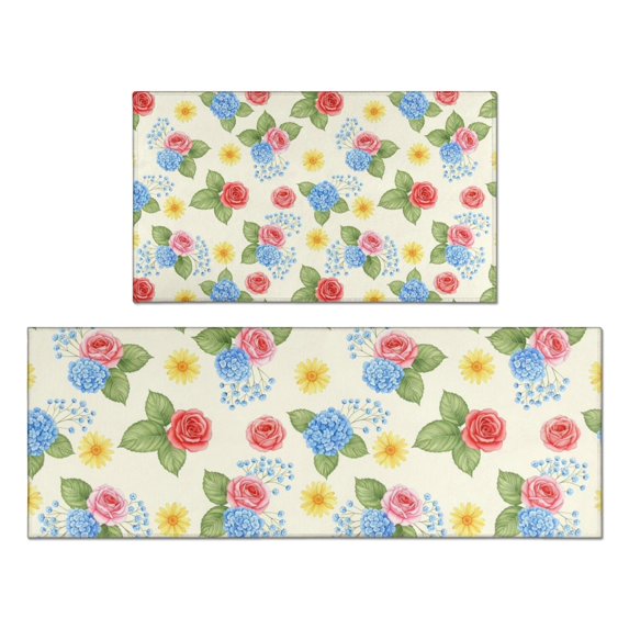 Pioneer Flower Floral Print Pattern Kitchen Rugs Sets Of 2, Anti Fatigue Non Slip Washable Floor Mats for Kitchen Sink Laundry, 17X30 Inch + 17X47 Inch