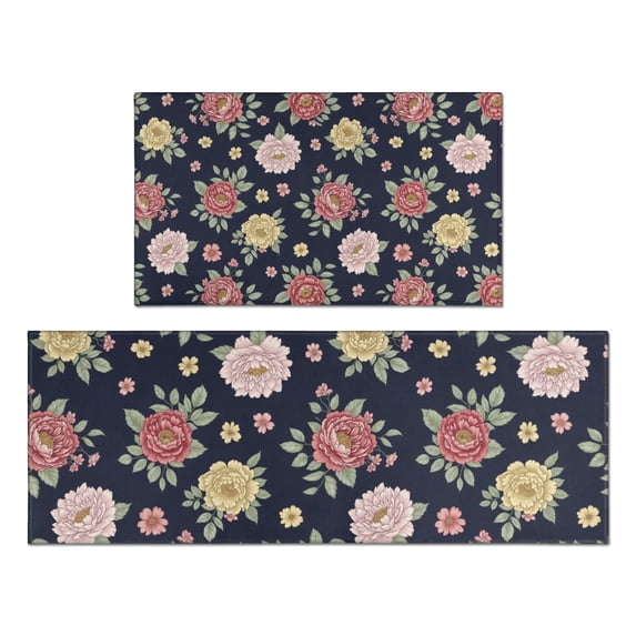 Pioneer Flower Floral Print Pattern Kitchen Rugs Sets Of 2, Anti Fatigue Non Slip Washable Floor Mats for Kitchen Sink Laundry, 17X30 Inch + 17X47 Inch