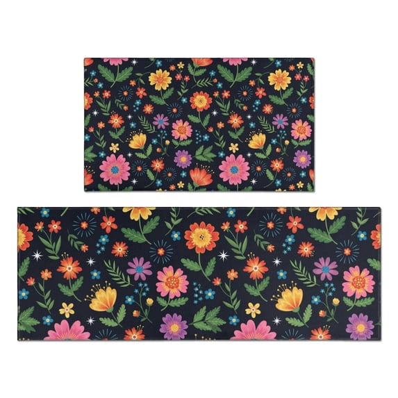 Pioneer Flower Floral Print Pattern Kitchen Rugs Sets Of 2, Anti Fatigue Non Slip Washable Floor Mats for Kitchen Sink Laundry, 17X30 Inch + 17X47 Inch
