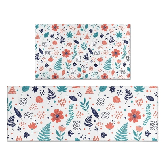 Pioneer Flower Floral Print Pattern Kitchen Rugs Sets Of 2, Anti Fatigue Non Slip Washable Floor Mats for Kitchen Sink Laundry, 17X30 Inch + 17X47 Inch