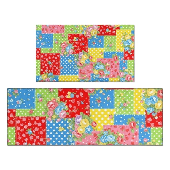Pioneer Flower Floral Print Pattern Kitchen Rugs Sets Of 2, Anti Fatigue Non Slip Washable Floor Mats for Kitchen Sink Laundry, 17X30 Inch + 17X47 Inch