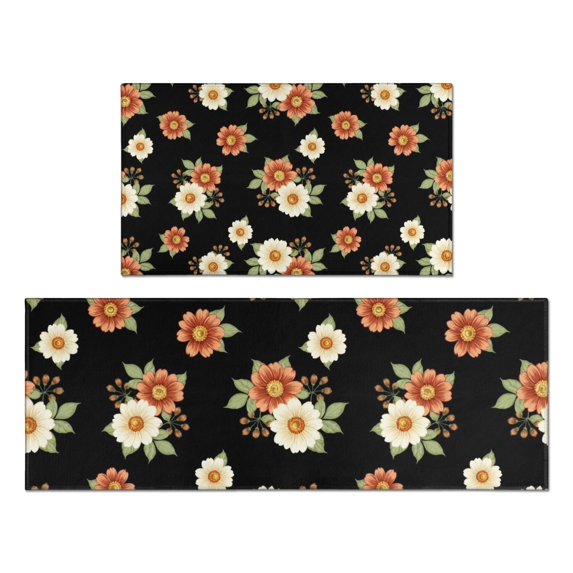 Pioneer Flower Floral Print Pattern Kitchen Rugs Sets Of 2, Anti Fatigue Non Slip Washable Floor Mats for Kitchen Sink Laundry, 17X30 Inch + 17X47 Inch