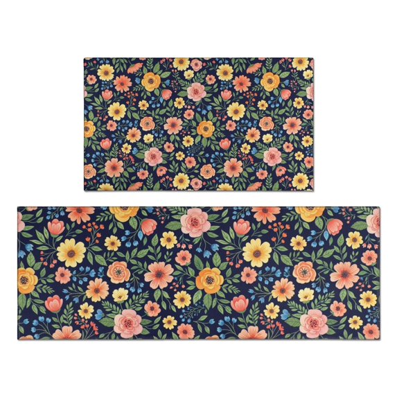 Pioneer Flower Floral Print Pattern Kitchen Rugs Sets Of 2, Anti Fatigue Non Slip Washable Floor Mats for Kitchen Sink Laundry, 17X30 Inch + 17X47 Inch