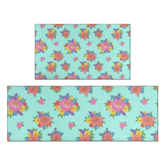 Pioneer Flower Floral Print Pattern Kitchen Rugs Sets Of 2, Anti Fatigue Non Slip Washable Floor Mats for Kitchen Sink Laundry, 17X30 Inch + 17X47 Inch