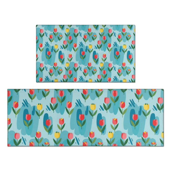 Pioneer Flower Floral Print Pattern Kitchen Rugs Sets Of 2, Anti Fatigue Non Slip Washable Floor Mats for Kitchen Sink Laundry, 17X30 Inch + 17X47 Inch