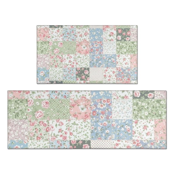 Pioneer Flower Floral Print Pattern Kitchen Rugs Sets Of 2, Anti Fatigue Non Slip Washable Floor Mats for Kitchen Sink Laundry, 17X30 Inch + 17X47 Inch
