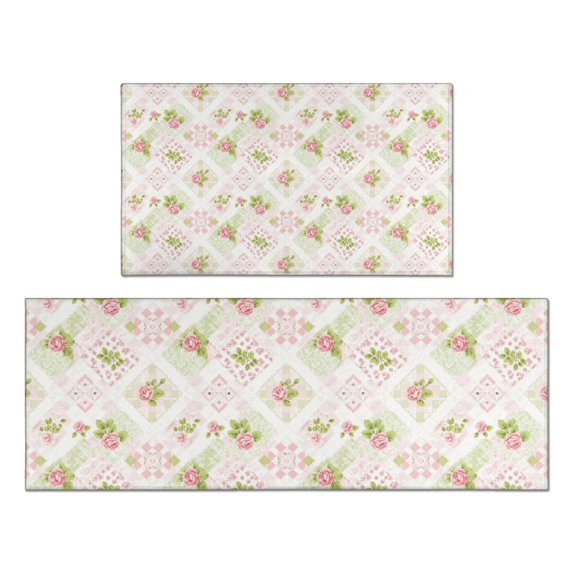 Pioneer Flower Floral Print Pattern Kitchen Rugs Sets Of 2, Anti Fatigue Non Slip Washable Floor Mats for Kitchen Sink Laundry, 17X30 Inch + 17X47 Inch