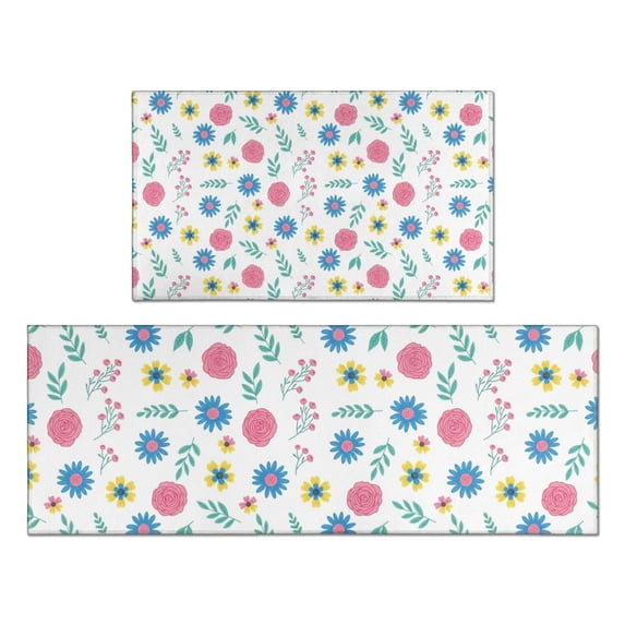 Pioneer Flower Floral Print Pattern Kitchen Rugs Sets Of 2, Anti Fatigue Non Slip Washable Floor Mats for Kitchen Sink Laundry, 17X30 Inch + 17X47 Inch
